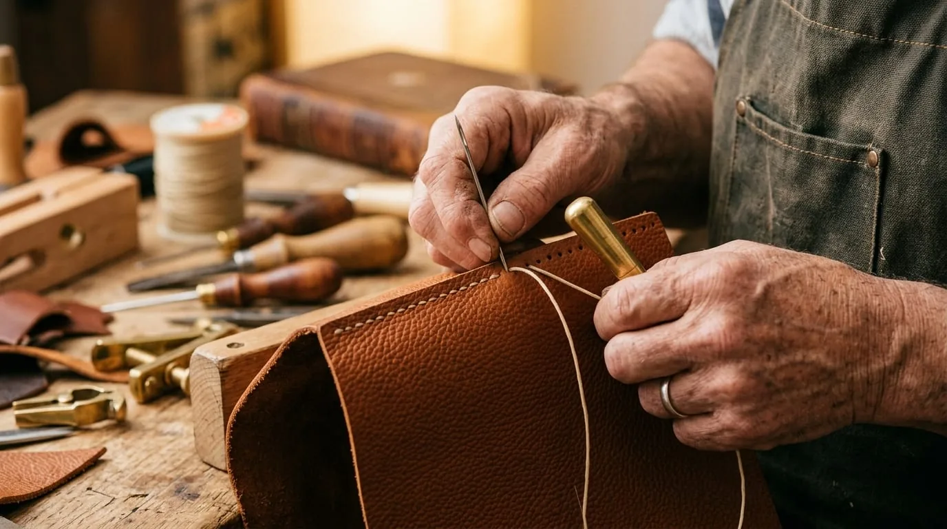 Master Artisan Hand Saddle-Stitching in ACEMEN London Atelier